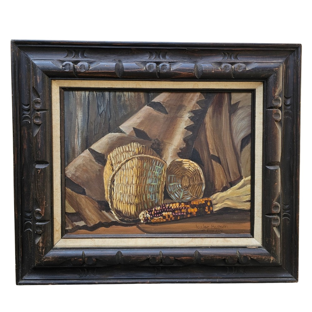 Louise Hansen Still Life Oil Painting 26x22 Brown Vintage Harvest Baskets